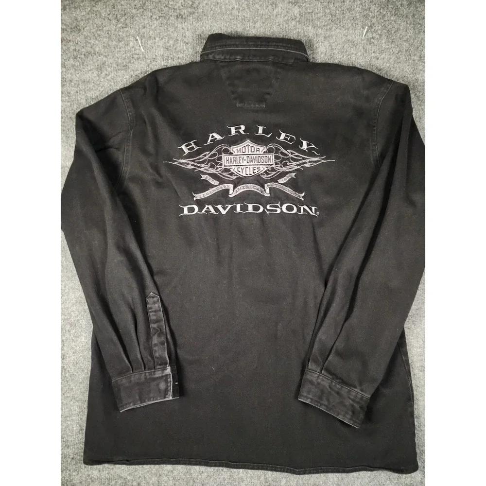 Harley Davidson Vintage 2003 Men Black Canvas Work Shirt Jacket Logo 96120-04VM